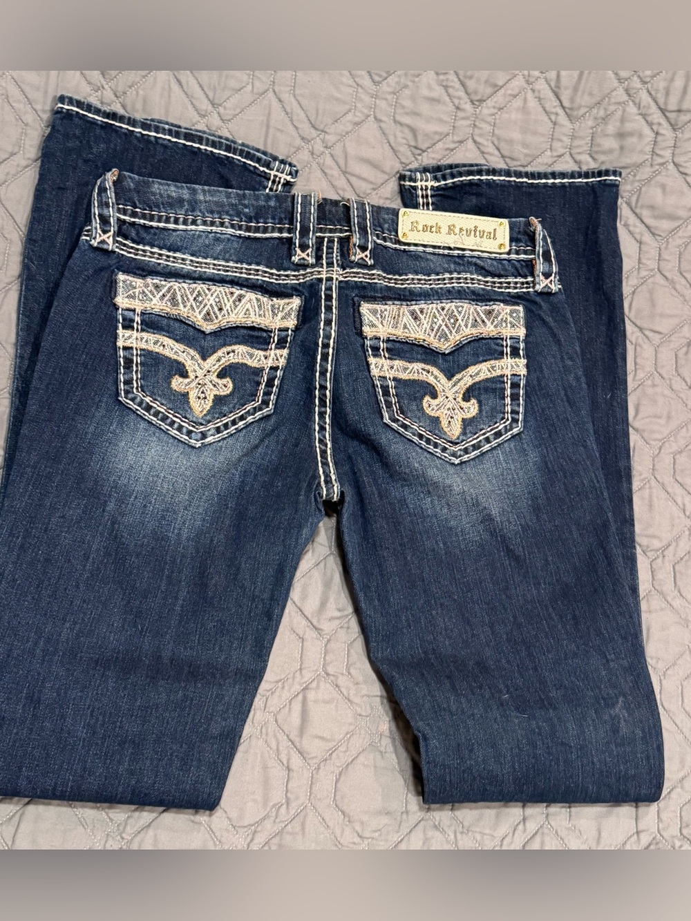 Rock Revival Dark Blue Boot Cut Jeans with Embroidered Back Pockets
